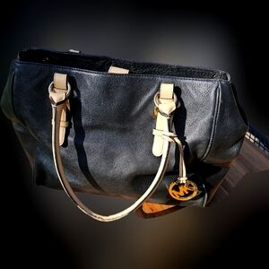 Michael Kors Black and Tan Large Leather Tote with Gold Accents